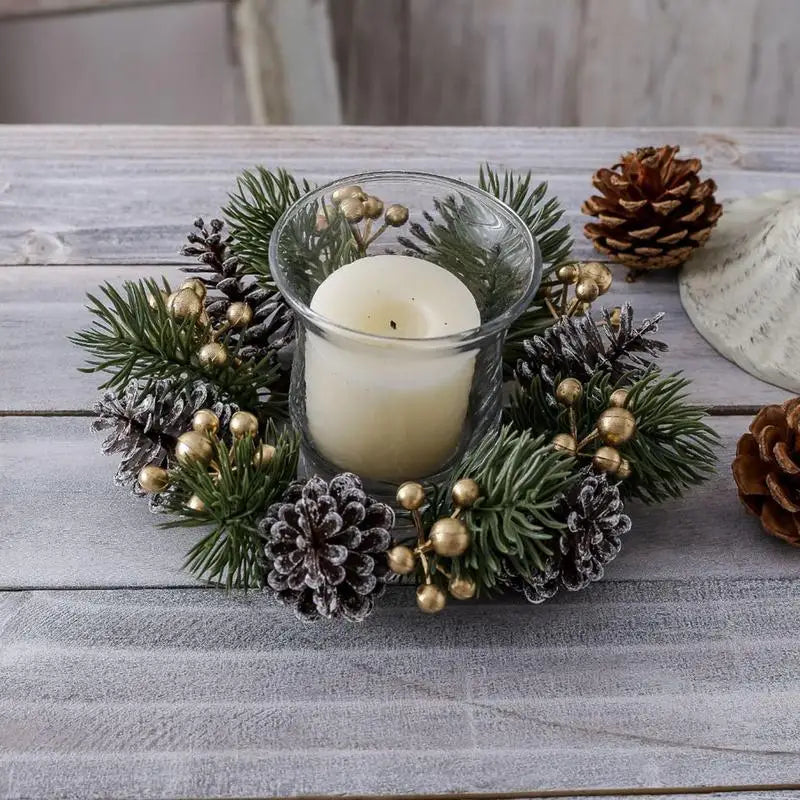 Christmas Candle Holder Candlestick Wreath Artificial Cherry Pinecone