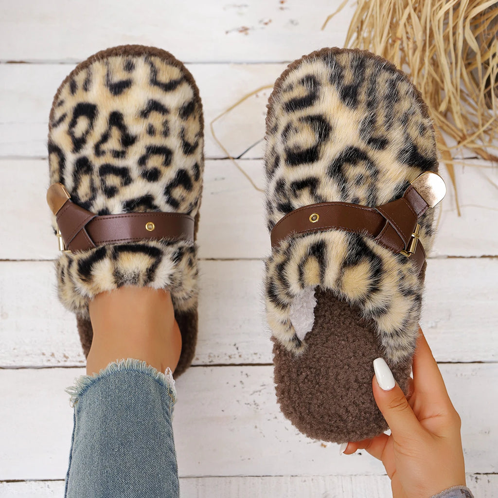 Women Thick Bottom Fur Slippers New Popular Head Cover Cotton Shoes Autumn Winter Outdoor Slippers Leopard Pattern Slides Women Zpaxo