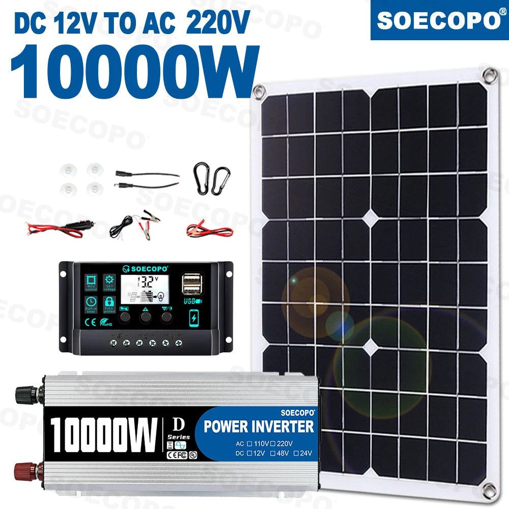 10000W/1100W Solar System DC12V to 220V Off-Grid Inverter System 100A Controller 500W Panel Inverter for Home RV Camping CE Zpaxo 220V solar kit