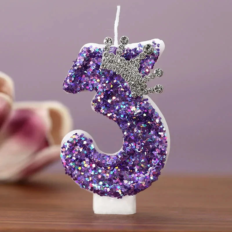 Purple Glitter Crown-shaped Number Birthday Candles Cake Decorations