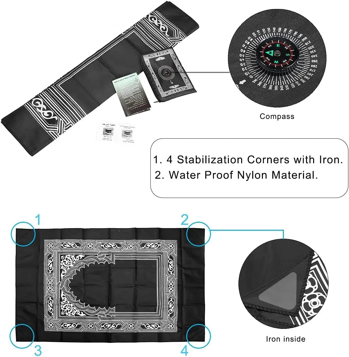Portable Prayer Pocket Prayer Rug Islamic Gift Muslim Waterproof Praying Rug with Compass Travel Praying Blanket 100*60cm Zpaxo