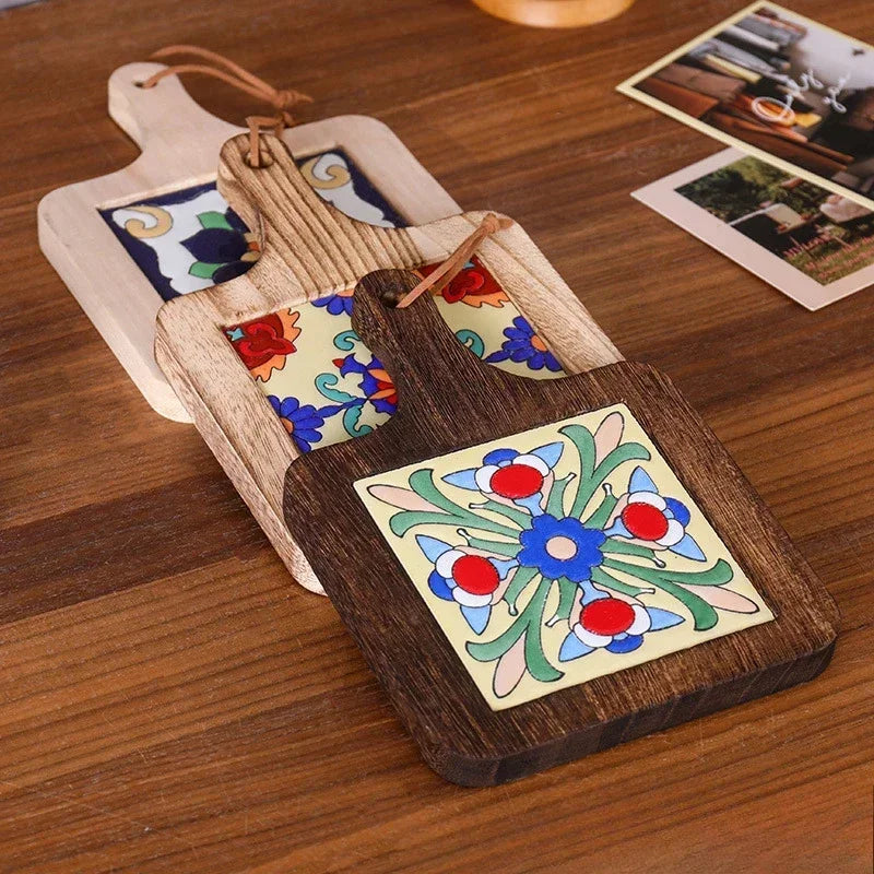 Hot Japanese Restaurant Retro Solid Wood Tile Handle Pot Pad Wooden Anti Scald Plate Pad Household Casserole Insulation Wood Pad Zpaxo