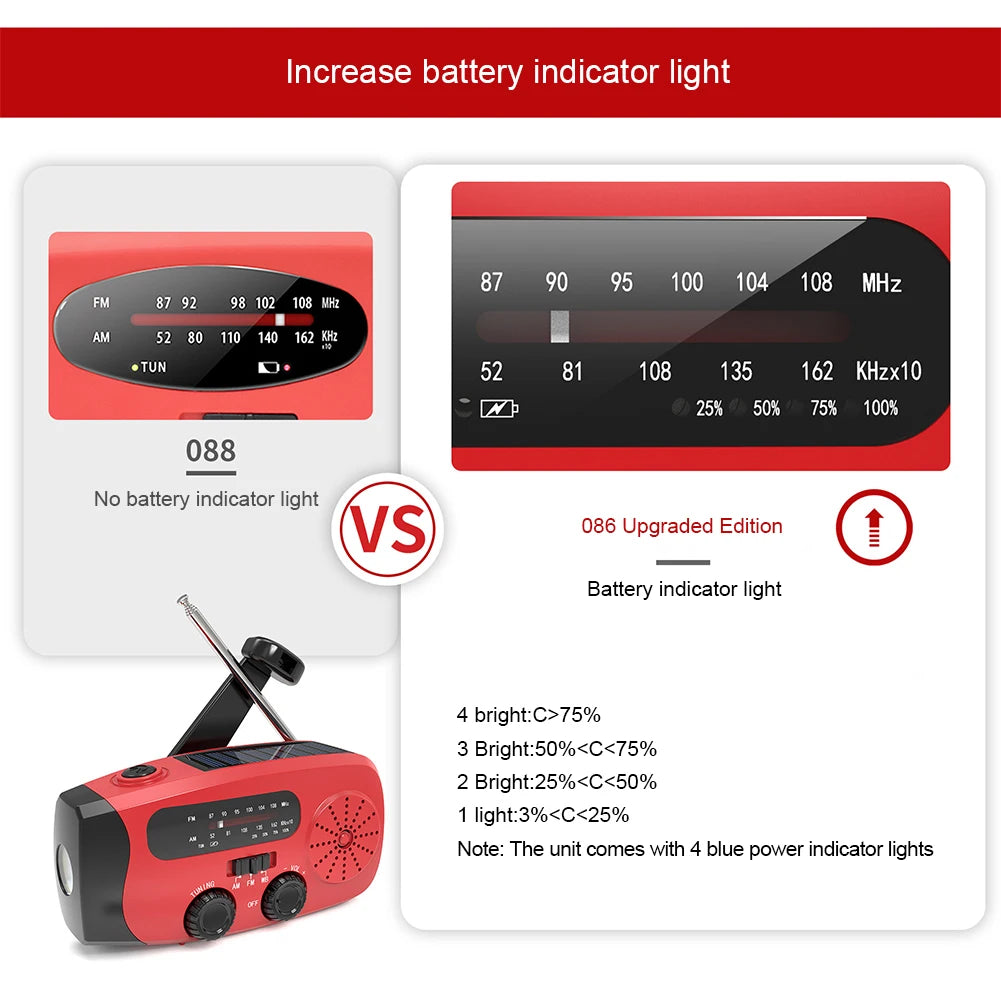 2000mAh Portable Solar Hand Crank Radio Multifunctional USB FM AM WB