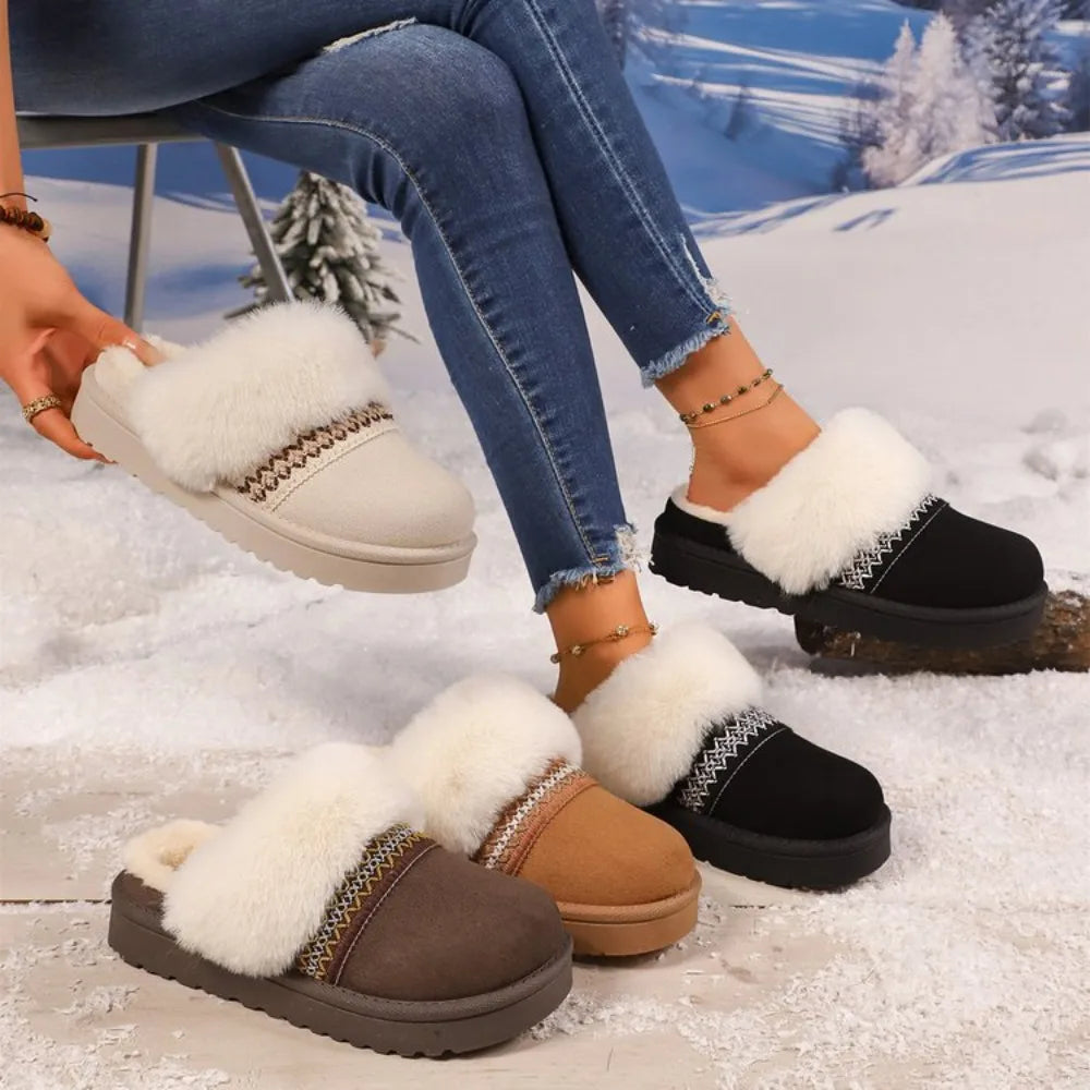 Fashion Striped Fluffy House Slippers Women 2025 Winter Warm Plush