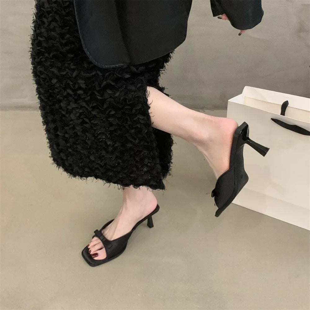New Women's Slipper Mules Low High Heels Shoes Summer Best Street Look Females Square Head Open Toe Bow Strappy Sandals Zpaxo