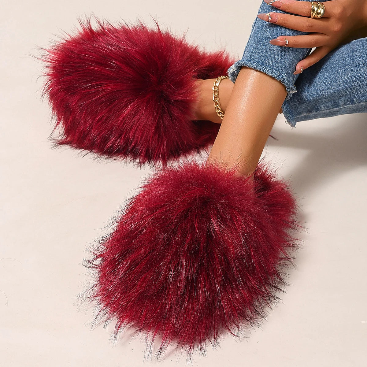 Fashion Warm Slippers Luxury Women Open Toe Raccoon Fur Slides Woman Zpaxo