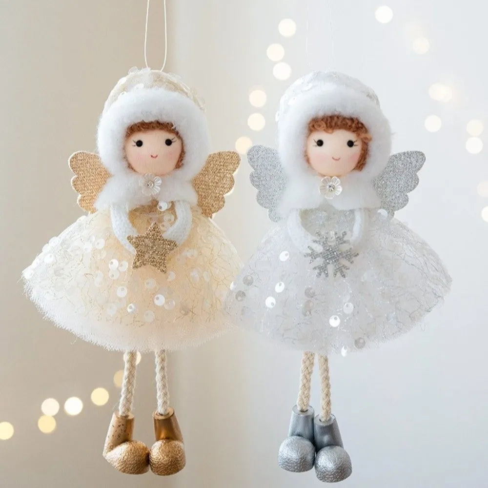 Cute Christmas Girl Pendant Plush White Mesh Girl Hanging Ornament Shiny Golden Wings Tulle Dress Christmas Tree Decorations Zpaxo