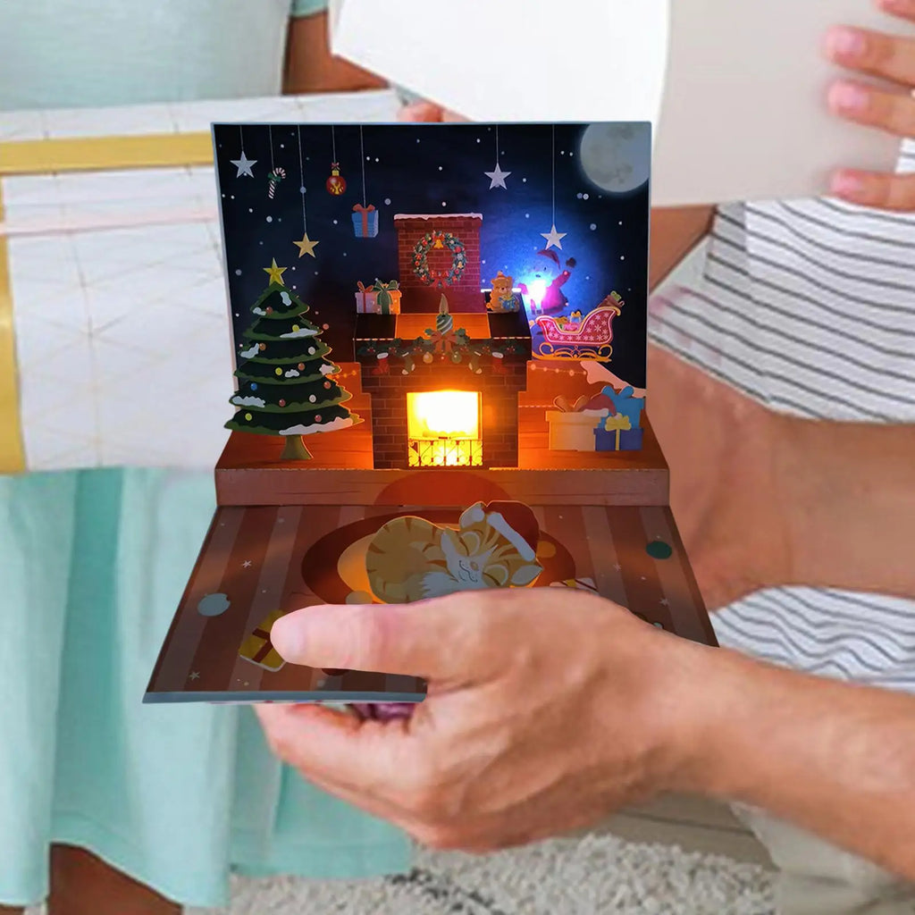 Christmas Popup Cards Musical Greeting Light Santa Projection 3D