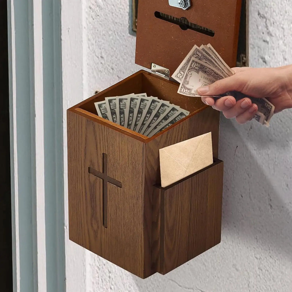 Church Offering Box Wooden Wall Mounted Lockable Cross Offering Box for Charity for Parish Shrine Funeral Tithe Event Religious Zpaxo