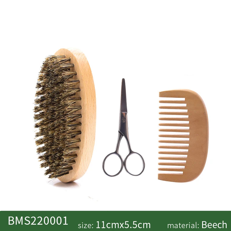 Boar Bristle Beard Brush for Men Beard Grooming Kit with Scissor Wooden Mustache Comb Beard Growth Beard Kit Barba Accesorios Zpaxo 3pcs set