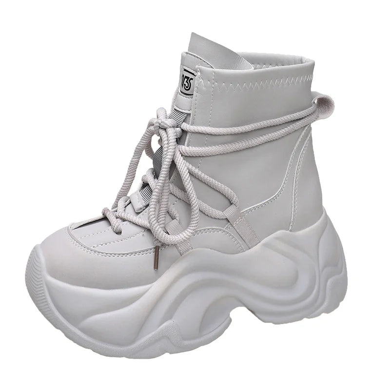 Women's Autumn Winter Ankle Leather Boots Heel Motorcycle Thick Sole Zpaxo GRAY 34(Foot 22cm) China Mainland
