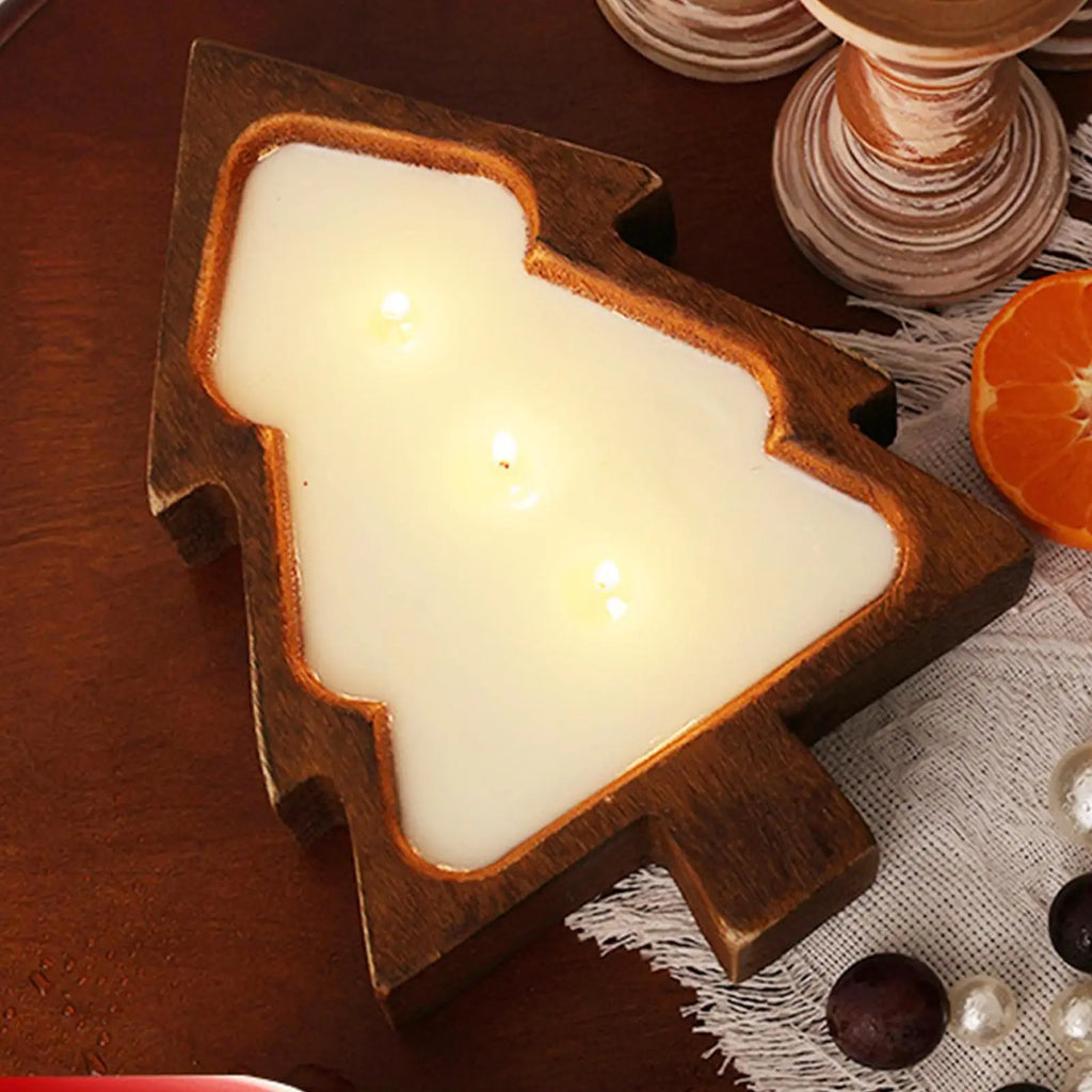 Wooden Candle Bowl Rustic Christmas Tree Home Decor Bowls Holder