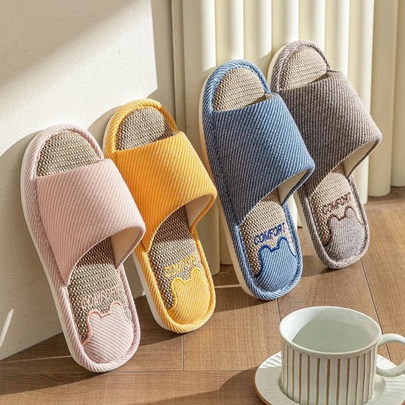 Women Linen Slippers Four Seasons Indoor Sandals Adults Cartoon