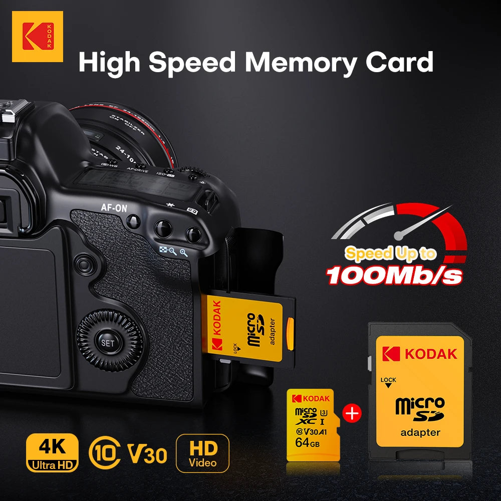 KODAK Micro SD Card 32GB 64GB 128GB V30 U3 4K Yellow for Dash Cam Driving Recorder TF Card Zpaxo