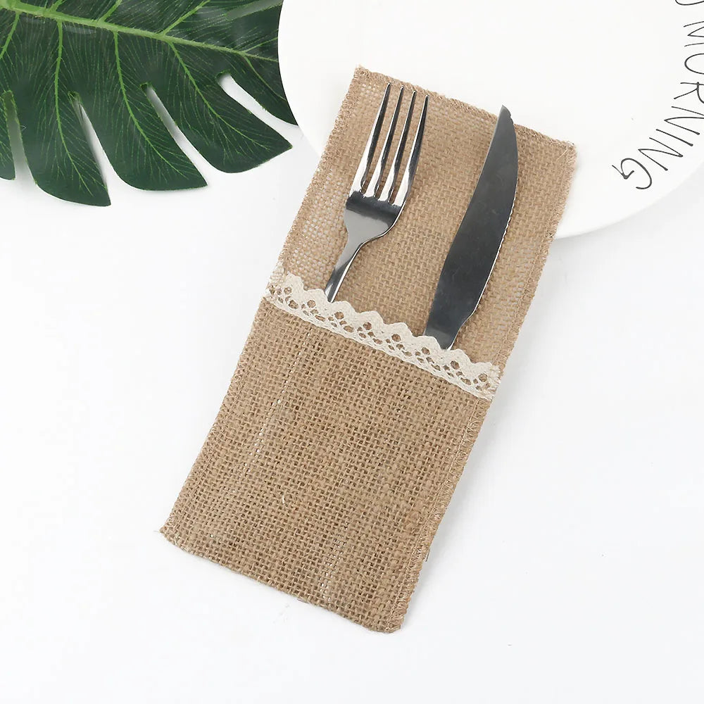 10- Burlap Lace Cutlery Pouch Party Tableware Decor Vintage Jute Zpaxo F 20pcs