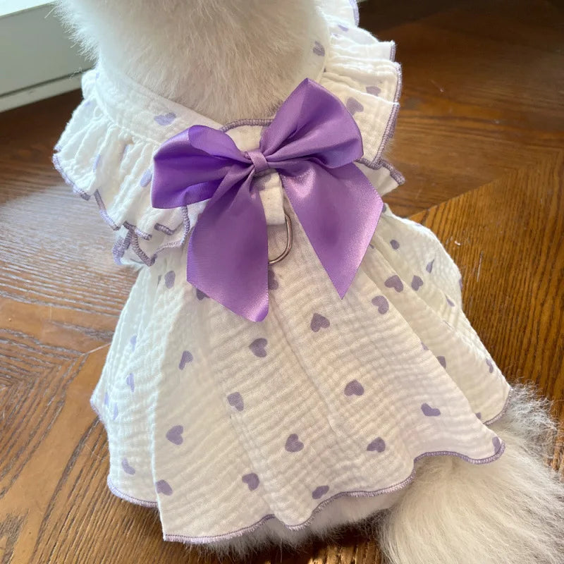 Pet dresses accessories clothes for spring and summer dogs cats teddy bears Pomeranians plush toys cat hearts all cotton fabric Zpaxo purple dress2PC M