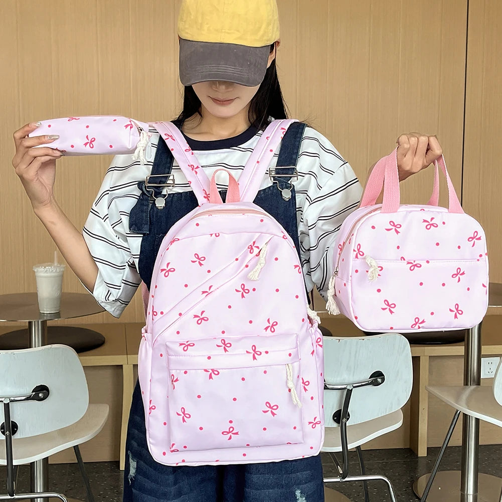 Korean Fashion Bow Print Women Backpack Simple Student Schoolbag