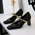 Tweed Heels Gold Bow Ankle Strap Block Heel Square Toe Elegant Pumps Zpaxo 8293-11Black 36(insole 22.6cm) China Mainland