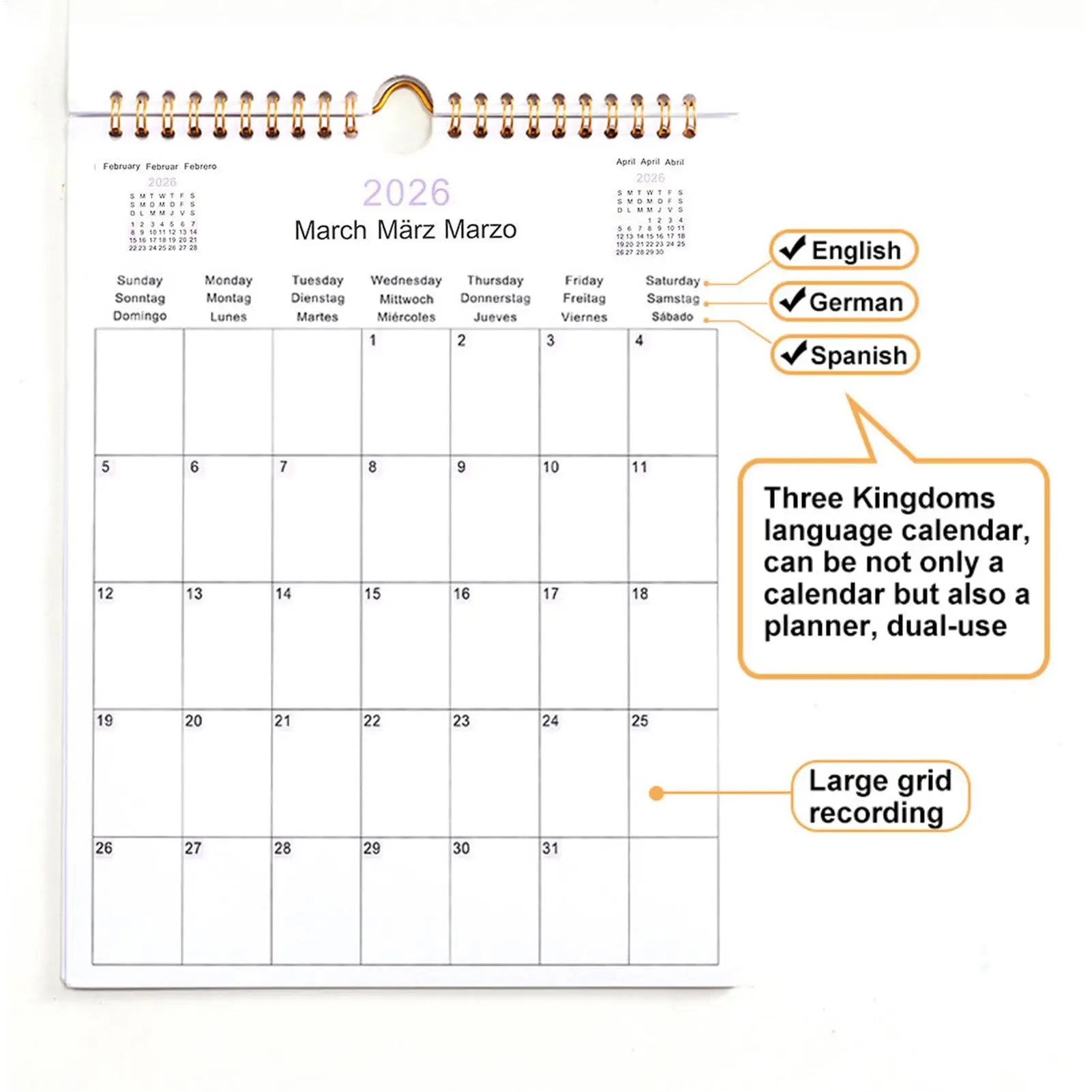 2026 Calendar Decorative Multilingual Coil Calendar 12 Month Modern Decorative Planner for Bedroom Dormitory Apartment Family Zpaxo