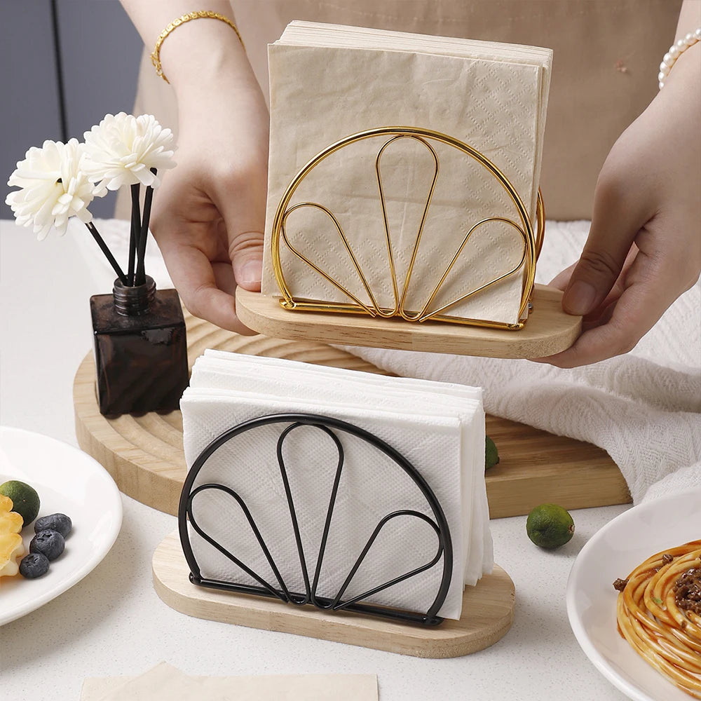 Napkin Holder with Wooden Base Metal Napkin Organizer Stand Tissue Dispenser Elegant Tabletop Decoration for Home Restaurant Zpaxo