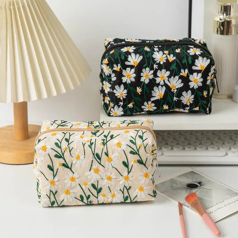 Floral Embroidery Canvas Cosmetic Bag – Travel Makeup Organizer