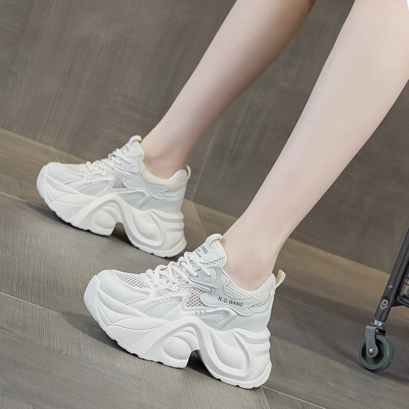 Womens White Mesh Platform Sneakers Casual Lace Up Thick Bottom Sport Zpaxo
