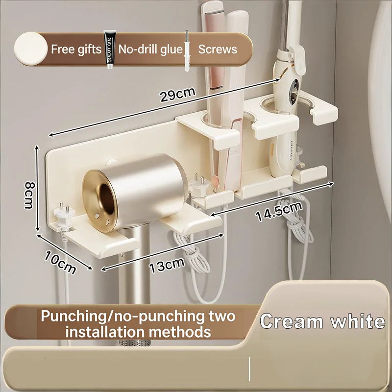 Multifunctional Hair Dryer Holder Integrated Large Capacity Storage Wall Mounted No Drill Organizer Bucket Aluminum Bathroom Rac Zpaxo White L