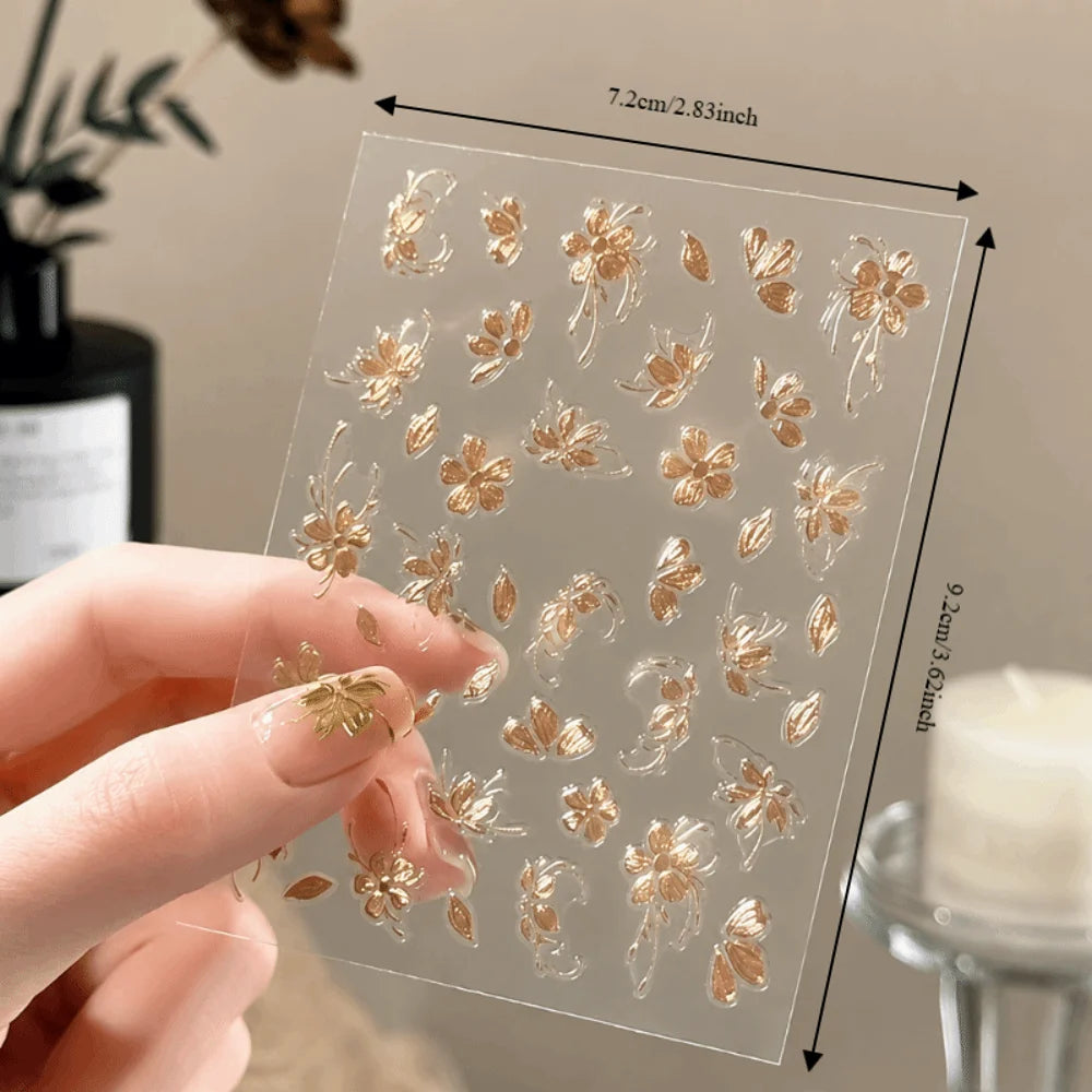 Gold Flower 3D Nail Sticker Adhesive Press on Nail Floral Relief Nail Sticker Lasting Flowers Nail Art Decal Nail Art Decoration Zpaxo