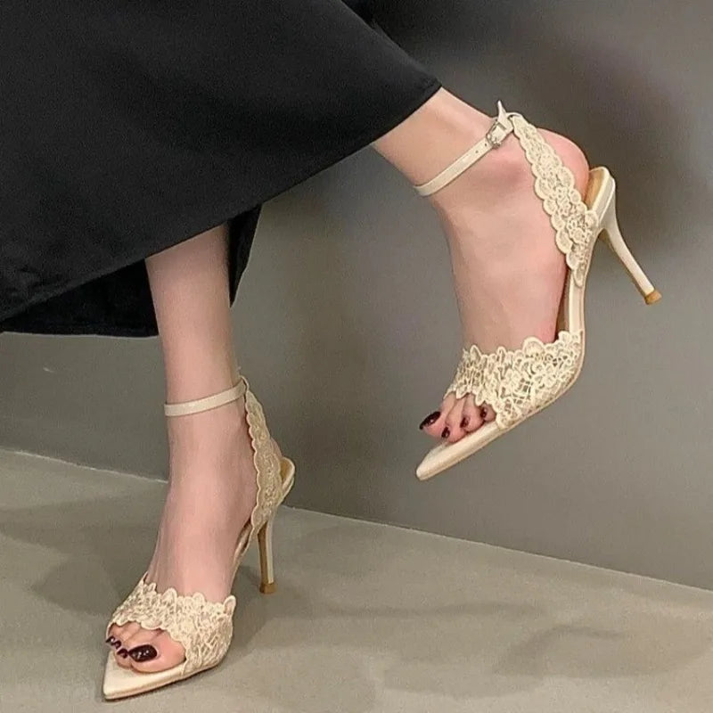 Luxury Lace Embroidery Sandals Women S Sexy Pointed Toe Heels Elegant Zpaxo