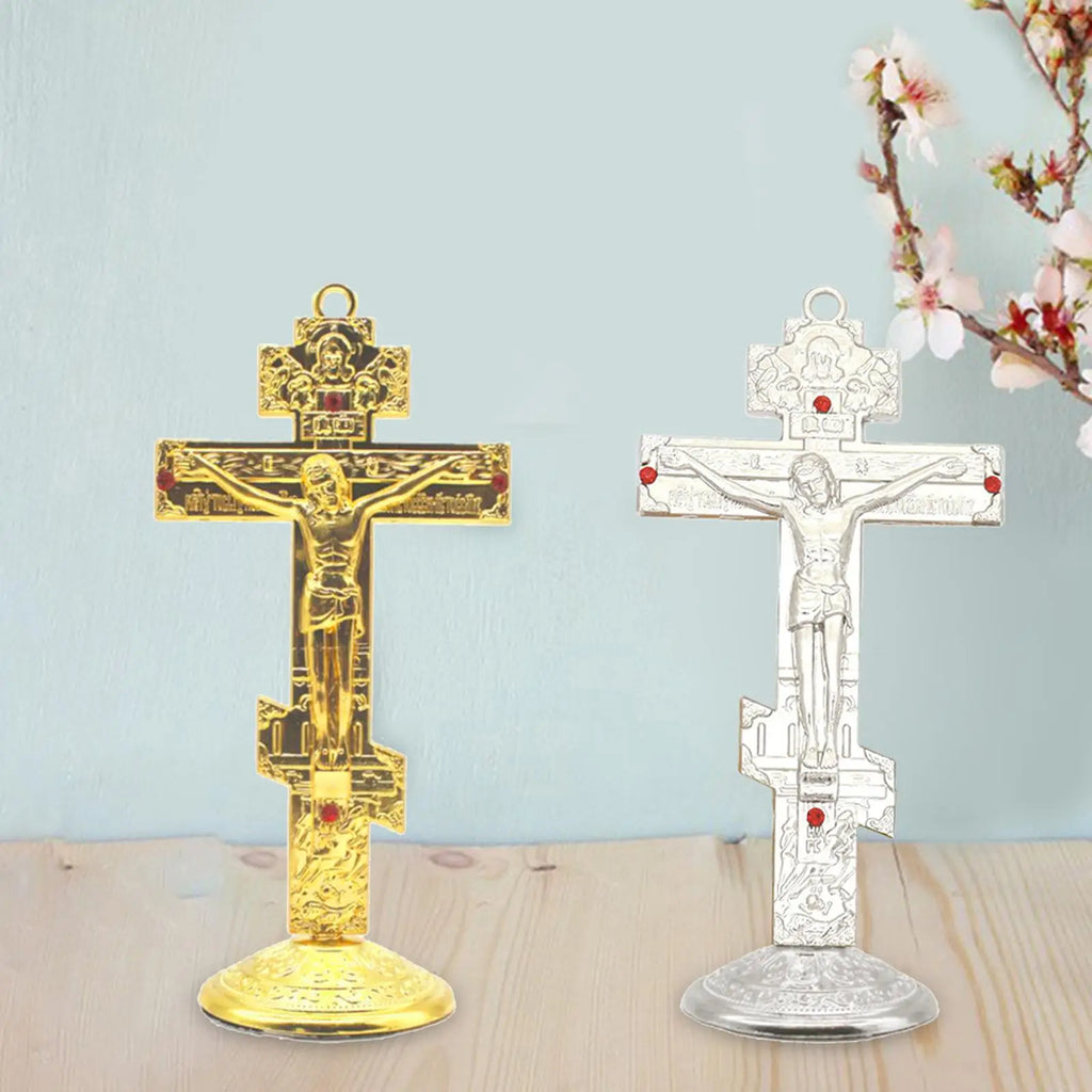 Jesus Cross for Desk Metal with Base Tabletop Ornaments Christian Home Goods Prayer Utensils Table Top Crucifix Cross Catholic Zpaxo