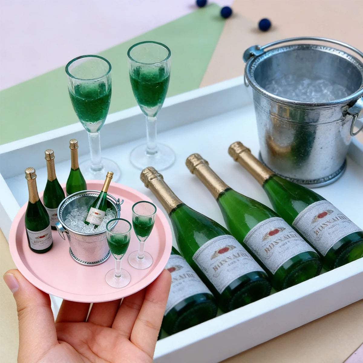 1:12 Miniature Champagne Set – Resin Bottle, Glass & Ice Bucket
