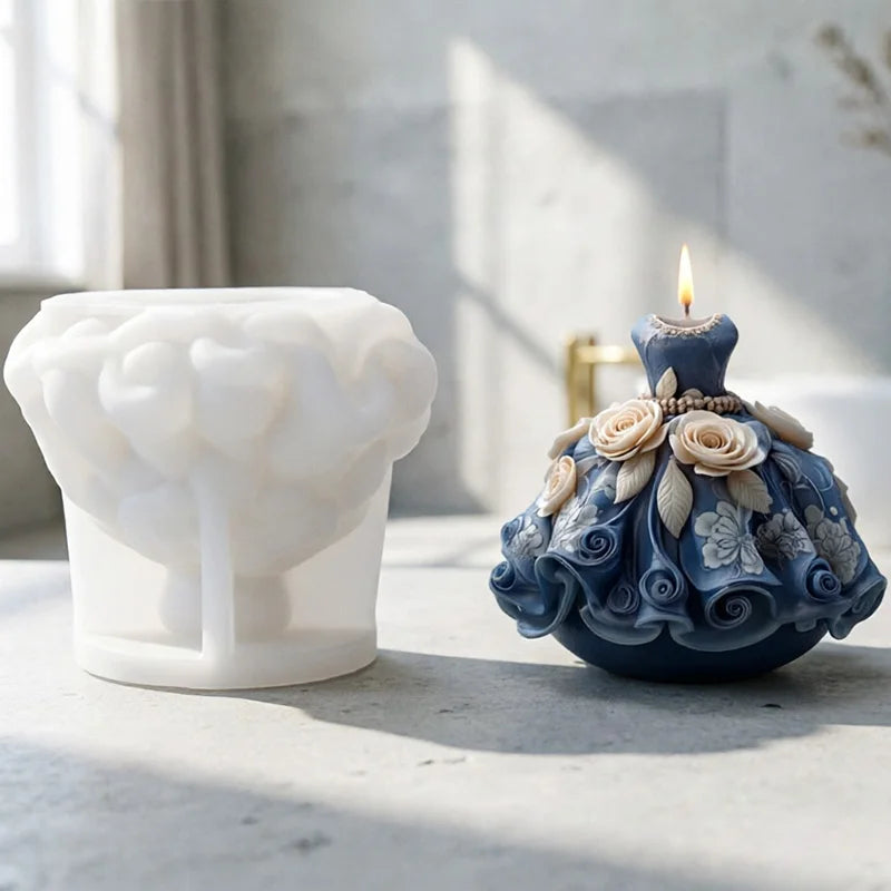 3D Flower Wedding Dress Silicone Candle Mold Princess Dress Aromatherapy Soap Gypsum Craft Ornament Making Mold Home Decor Zpaxo