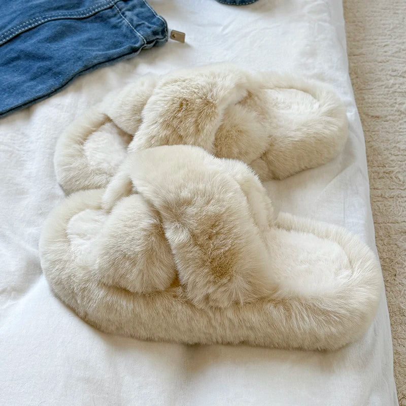 Cross Warm Fluffy Furry Slippers Women Lightweight Flat Heels Fur