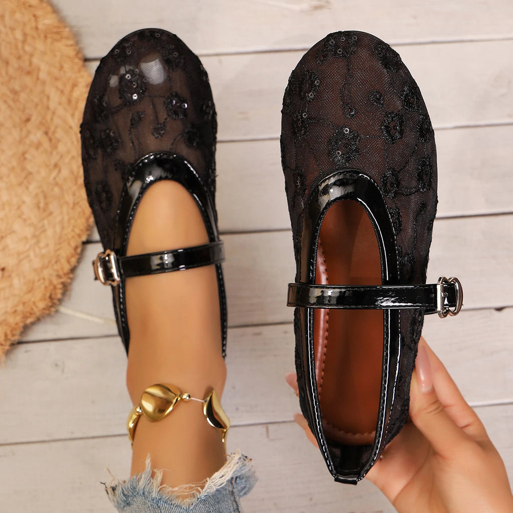 Women Sandals Elegant Lightweight Casual Shoes Embroidered Floral Mesh Mary Janes Shoes Women Breathable Ballet Flats Sandals Zpaxo