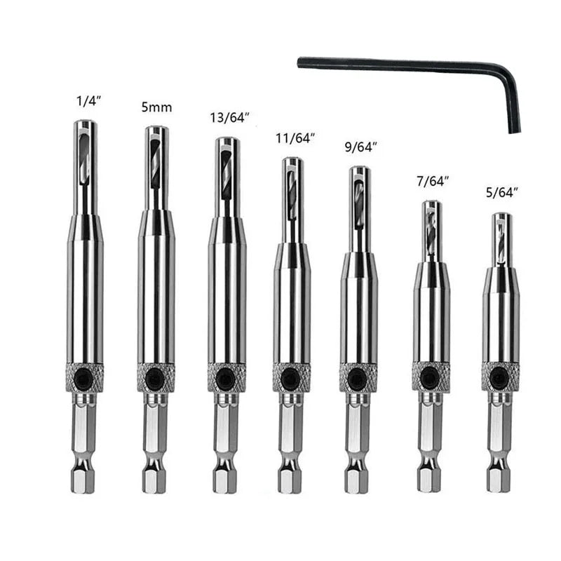 HSS Self Centering Hinge Drill Bit Positioning Hole Punching Set Door Window Cabinet Woodworking Hole Puncher Drill Bits Set Zpaxo 7pcs set