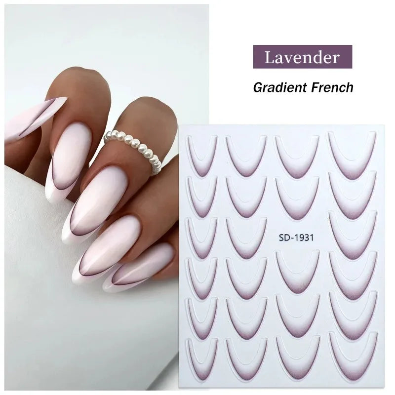 French Gradient Line Nail Art Stickers 3D Self-Adhesive White+Black Slider Design Nail Tip Stencil Manicure Guide DIY Nail Decor Zpaxo 09 Lavender