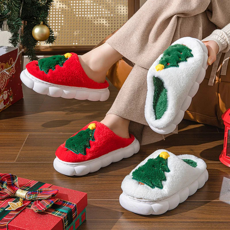 Christmas Themed Plush Slippers Women Men Cozy Home Winter Indoor