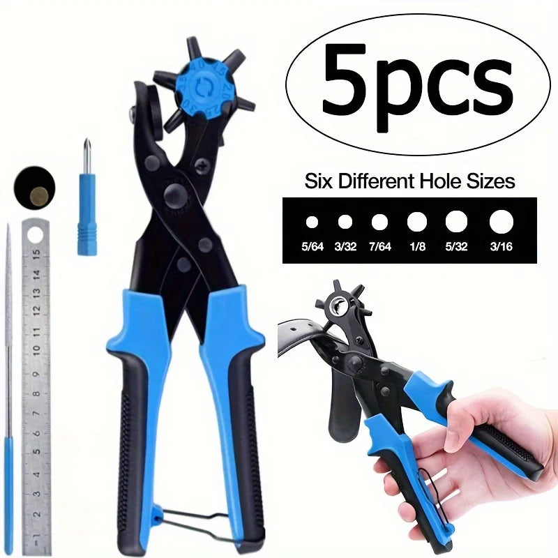 5pcs Multifunctional Belt Leather Punch Pliers, Round Hole, Flat Hole, Oval Hole Puncher, Belt Hole Puncher for Leather Zpaxo Blue