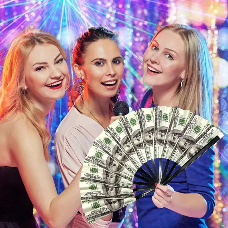 Large Folding Hand Tear Fan Dollar Pattern Music Festival Dance