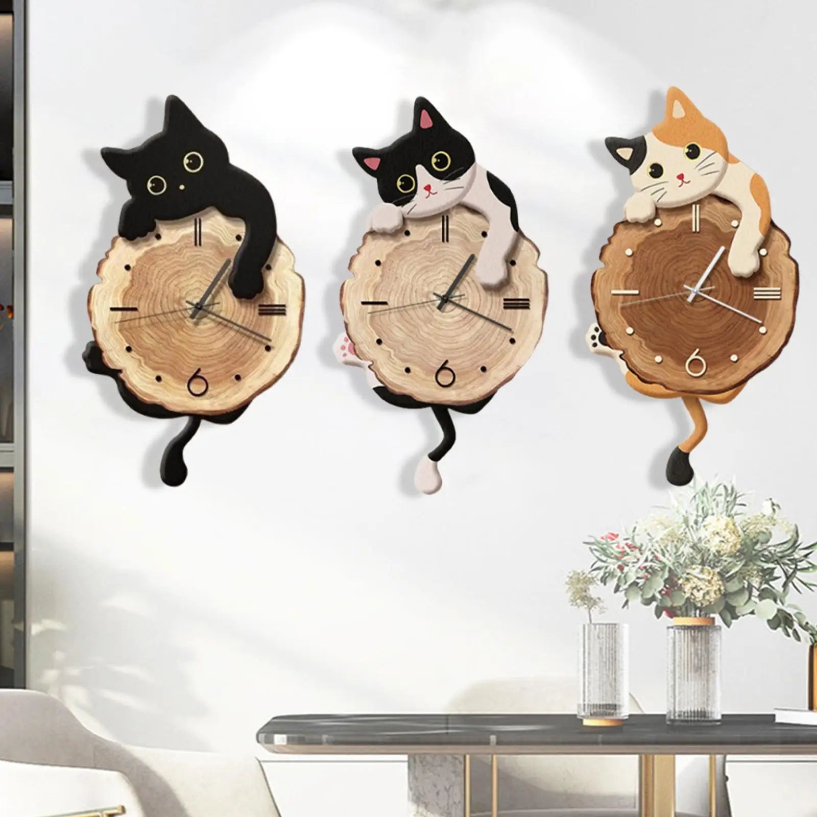 Creative Fun Cat Wall Hanging Clock Stylish Cute Pendulum Decorative Clock Wall Ornament for Bedroom Kids Room Home Decor Gift Zpaxo