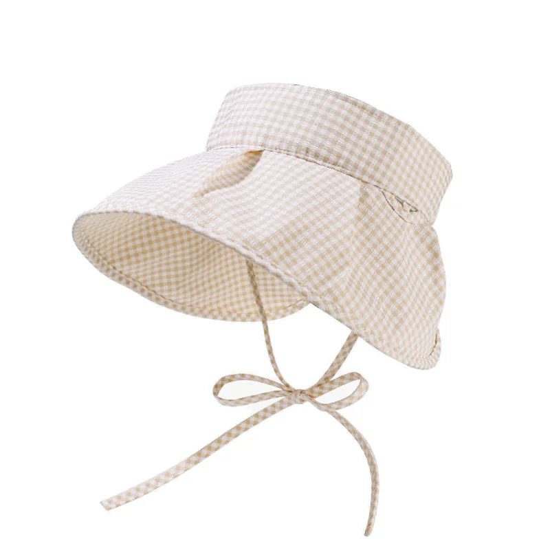 Butterfly knot checkered fisherman hat women's summer small fresh travel sun hat big brim to show face small sun hat Zpaxo beige visor cap