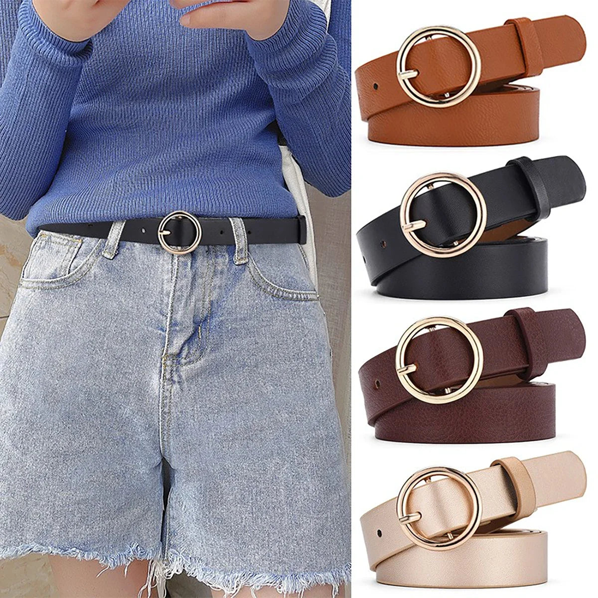 Women's Belt Fashionable Round Buckle Jeans Cargo Pants Skirt Thin