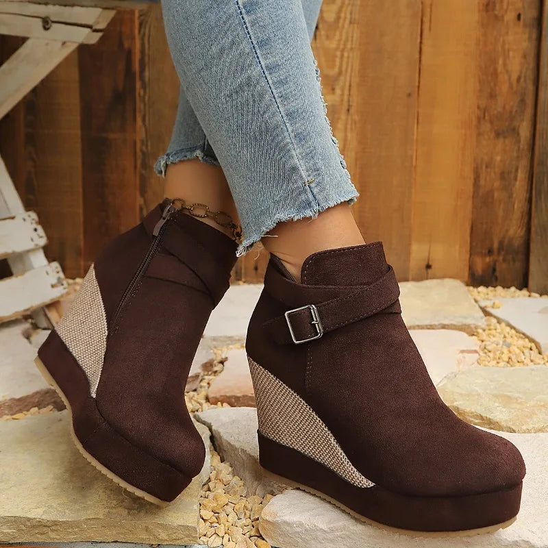 2026 Spring Autumn Women's Vintage Side Zipper Wedge Heel Boots Women Zpaxo