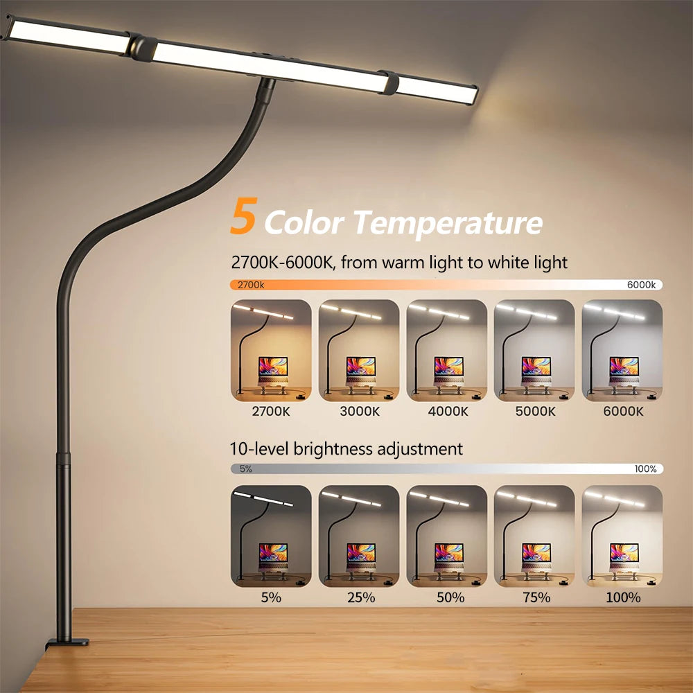 3-Head 16W LED Desk Lamp for Home Office Eye Caring Architect Desk Light 5 Color 10 Leves Dimming Computer Monitor Table Light Zpaxo
