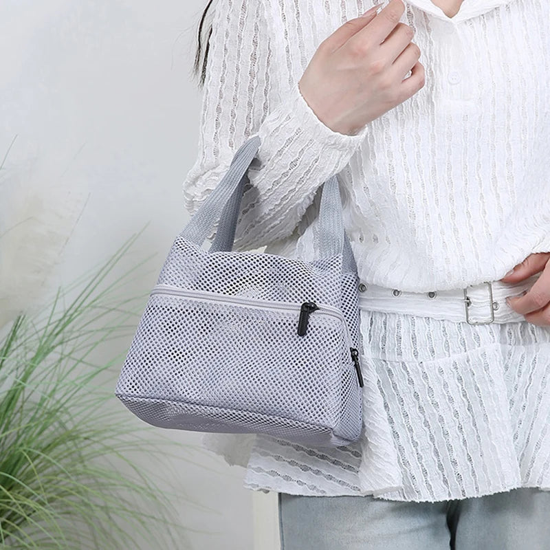 Solid Color Fashionable Mesh Travel Handbag, Spacious Cosmetic and Toiletry Storage Zpaxo