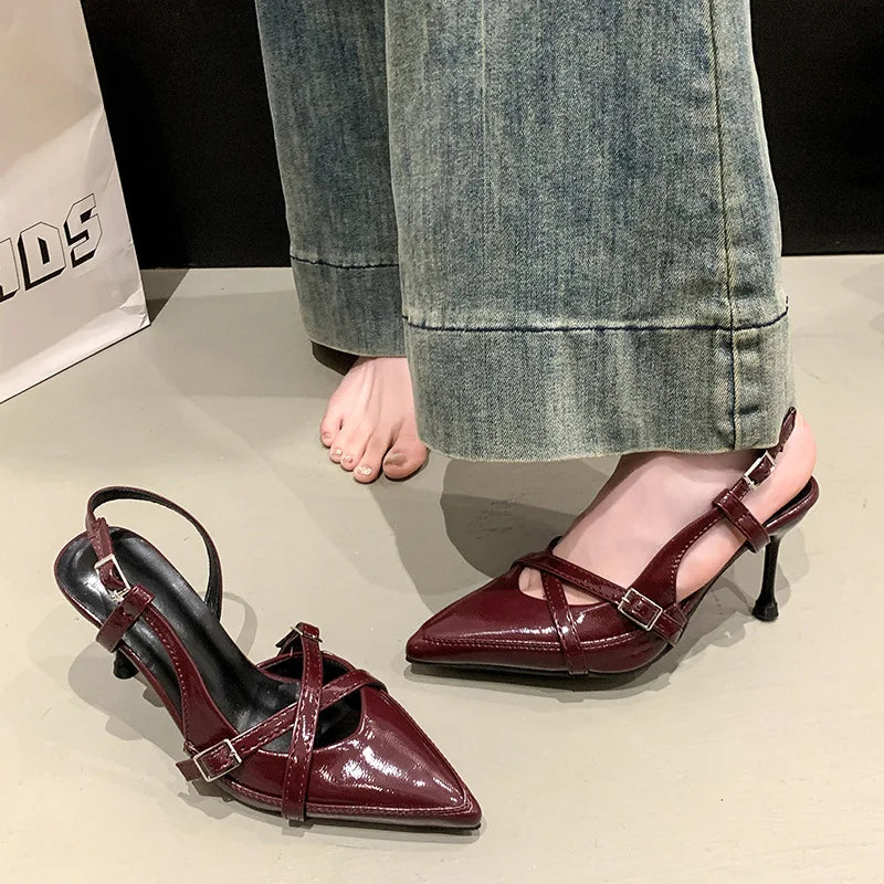 Street Sexy Buckle Strap Women Pumps Elegant Pointed Toe Thin Heels