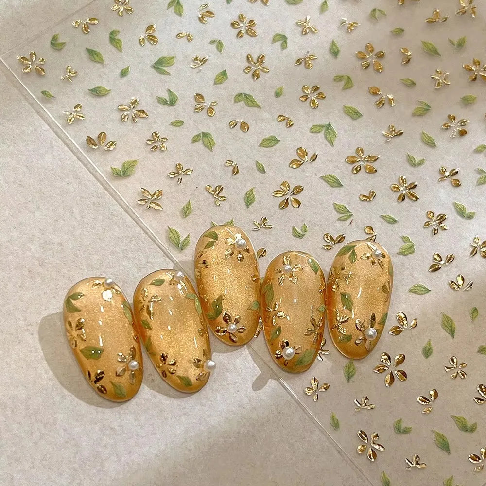 Golden Leaf Nail Sticker Bronzing Spring Flowers Adhesive Cup Stickers Five Petal Flower Backing Blossom Decal Nail Art Sticker Zpaxo