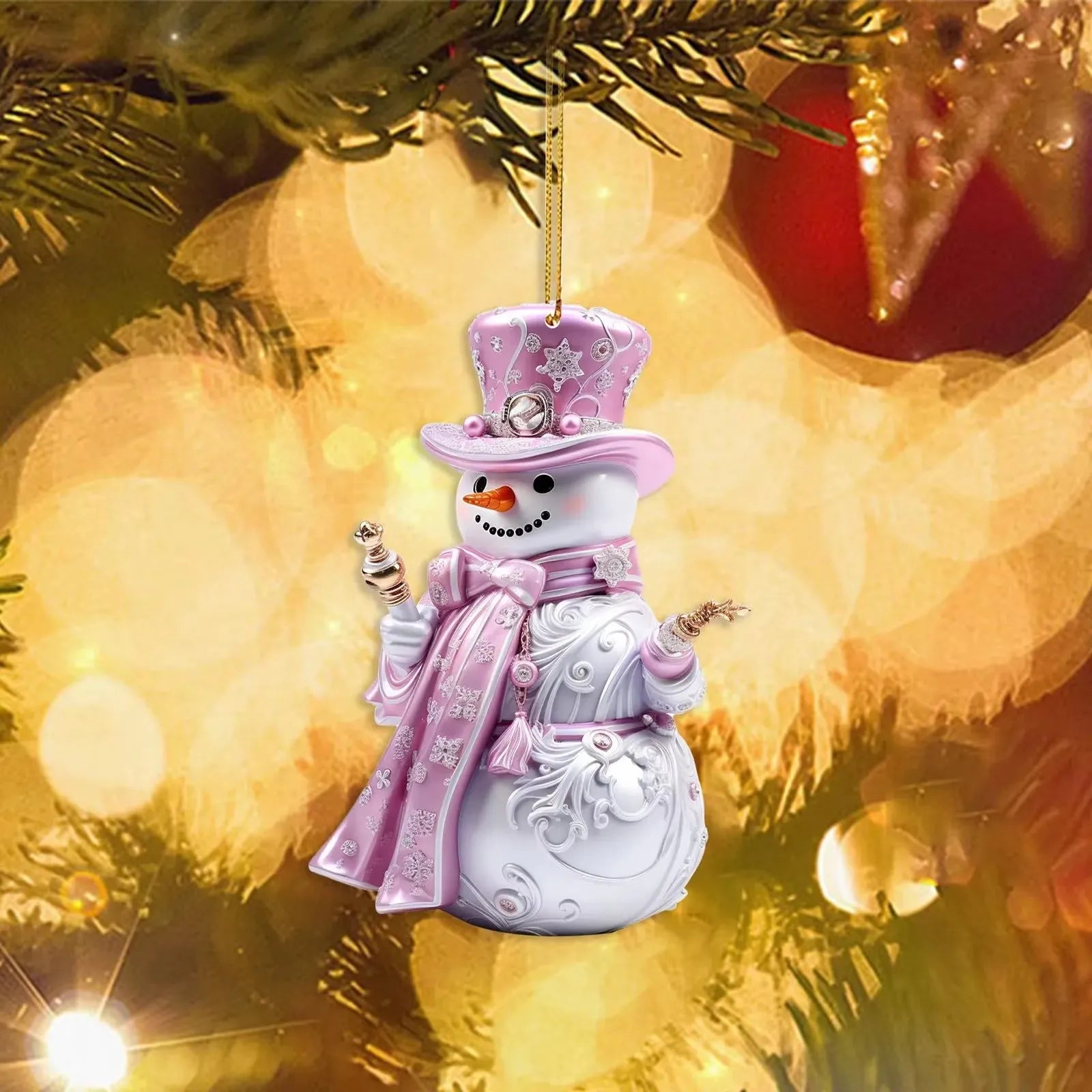 Pink Snowman Acrylic Christmas Ornament – 8cm Tree Pendant