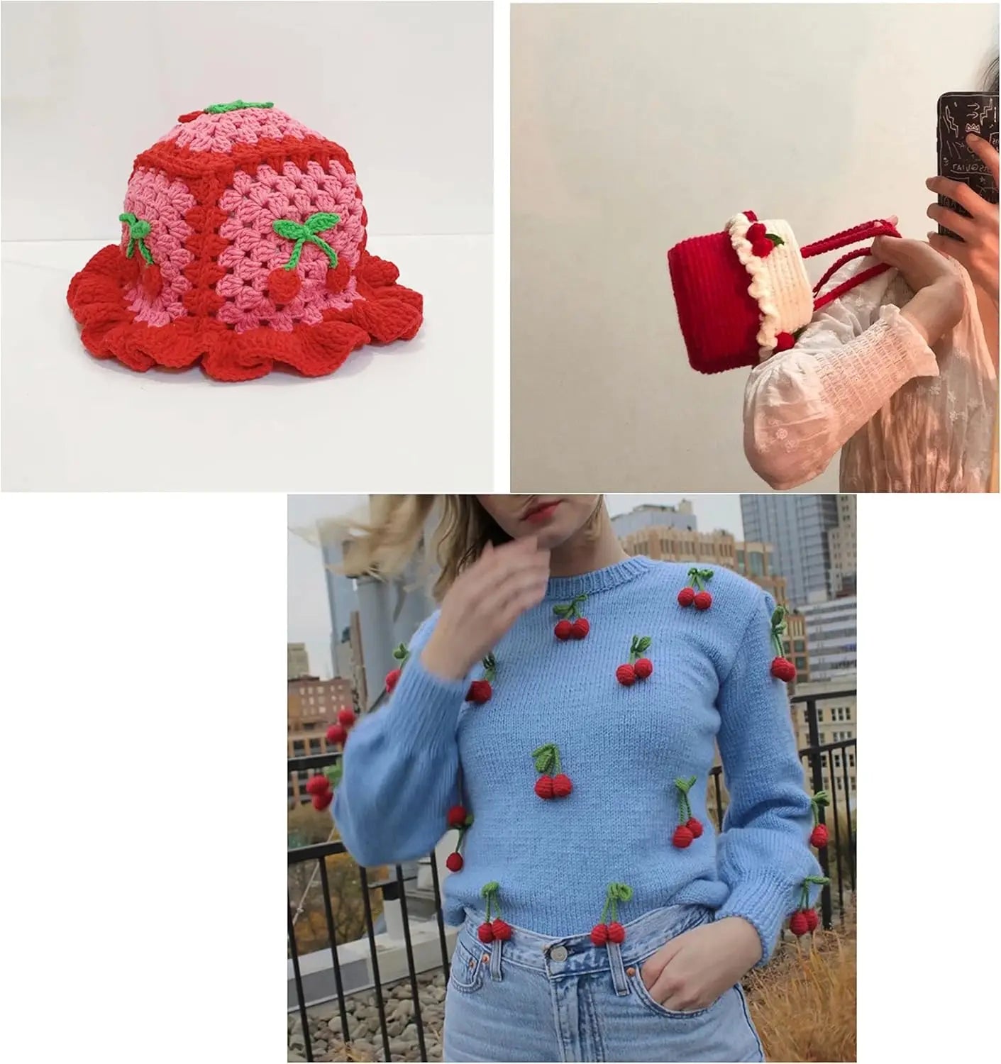 1PC Knitting Red Pink Yellow Cherry Brooch Hook Weaving Ornaments Fruit Chest Flower Cute Bag Clothing Pendant Decorations DIY Zpaxo