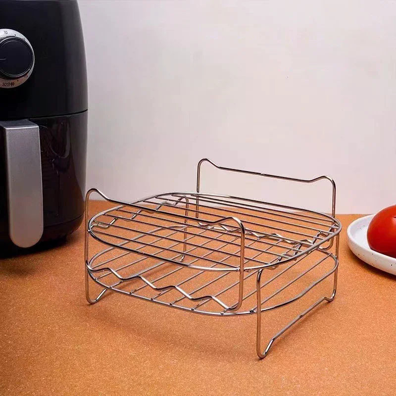 Stainless Steel Double Layer Grill Rack With 4 Roast Meat Picks Steam Rack Air Fryer Rack Air Electric Fryer Accessories Zpaxo